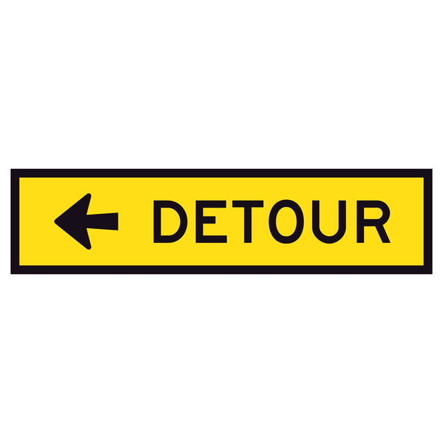 Detour Left TM5-1B(L) 1200x300mm corflute sign panel with black DETOUR legend and left arrow on yellow reflective background