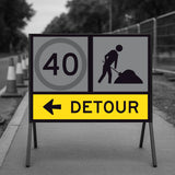 Temporary traffic control roadwork sign indicating a speed limit of 40 km/h and direction to detour, with construction worker icon and arrow.
