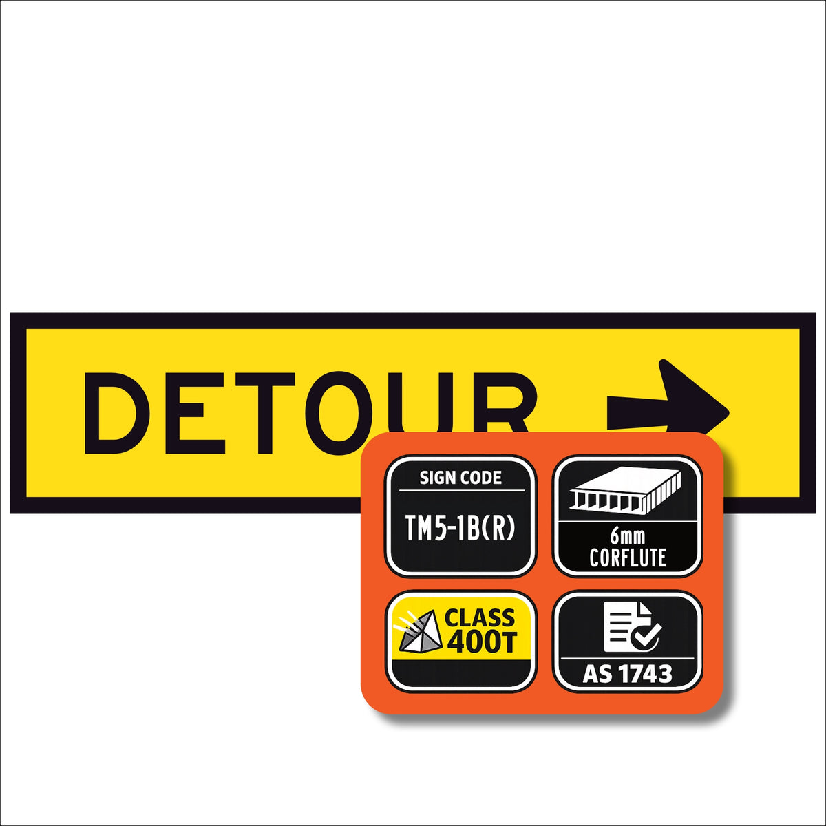 Detour Right TM5-1B(R) 1200x300mm corflute sign panel with black DETOUR legend and right arrow on yellow reflective background