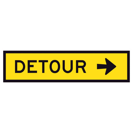 Detour Left TM5-1B(R) 1200x300mm corflute sign panel with black DETOUR legend and right arrow on yellow reflective background