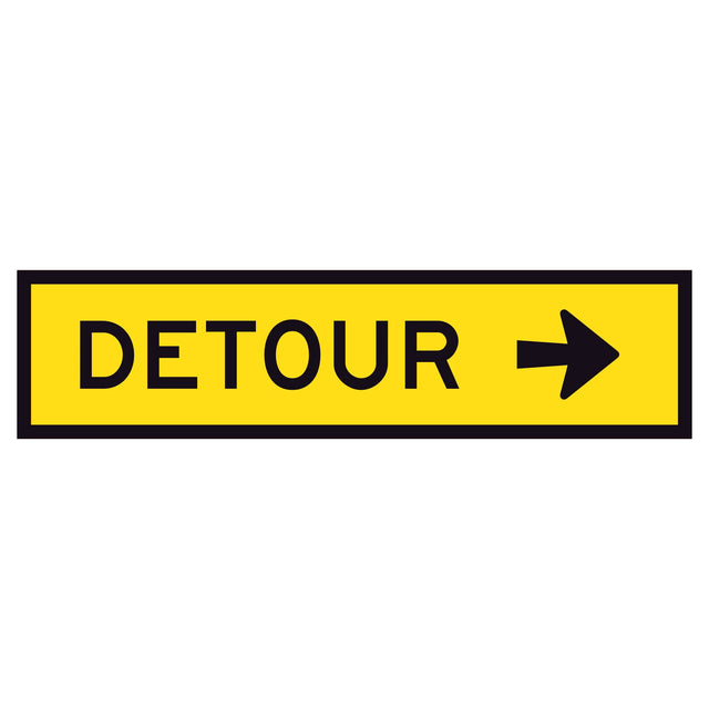 Detour Left TM5-1B(R) 1200x300mm corflute sign panel with black DETOUR legend and right arrow on yellow reflective background