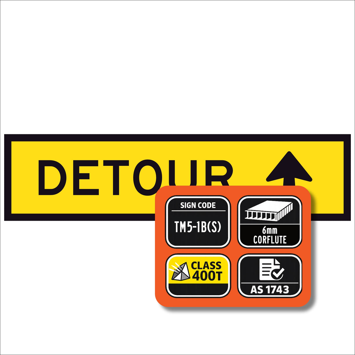 Detour Straight TM5-1B(S) 1200x300mm corflute sign panel with black DETOUR legend and straight arrow on yellow reflective background