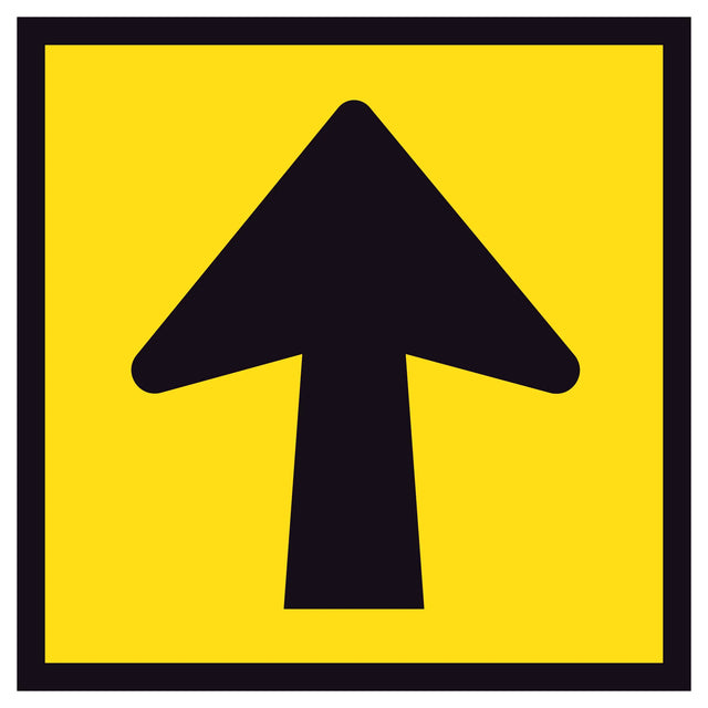 Black arrow symbol on retroreflective yellow – 600×600mm corflute sign panel.