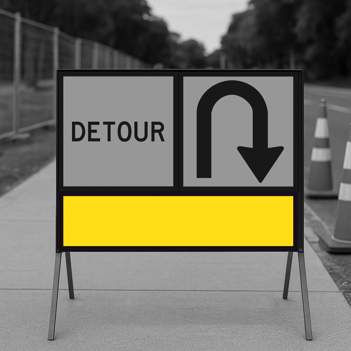Temporary traffic control detour sign with a U-turn symbol and yellow blank on a road construction site.