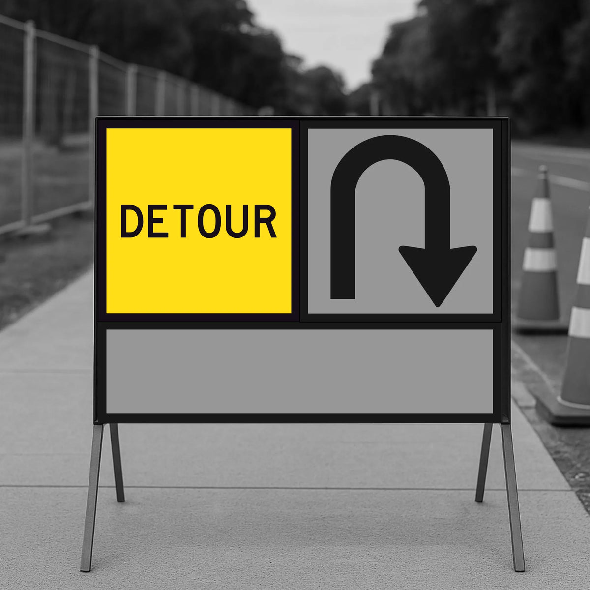 Detour sign with yellow square and black arrow on a stand outdoors.