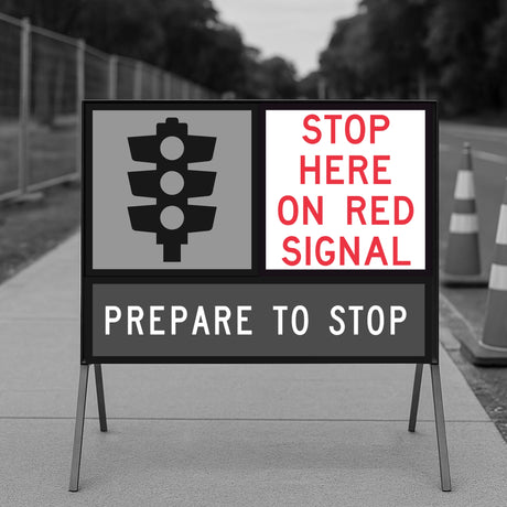 Road safety sign instructing to stop here on red signal with traffic light icon.