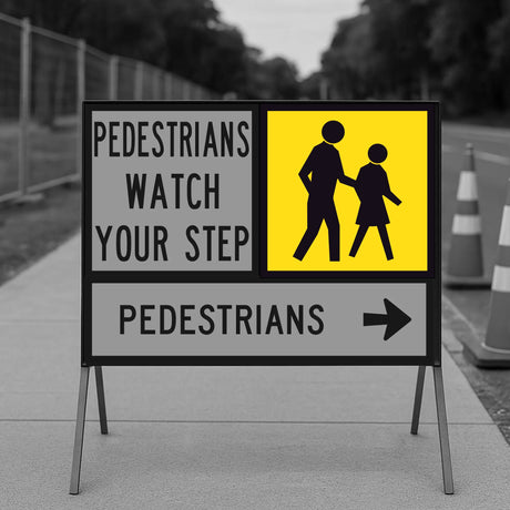 Temporary traffic control pedestrian sign with text 'PEDESTRIANS WATCH YOUR STEP' and icon of a person and child on a yellow background.