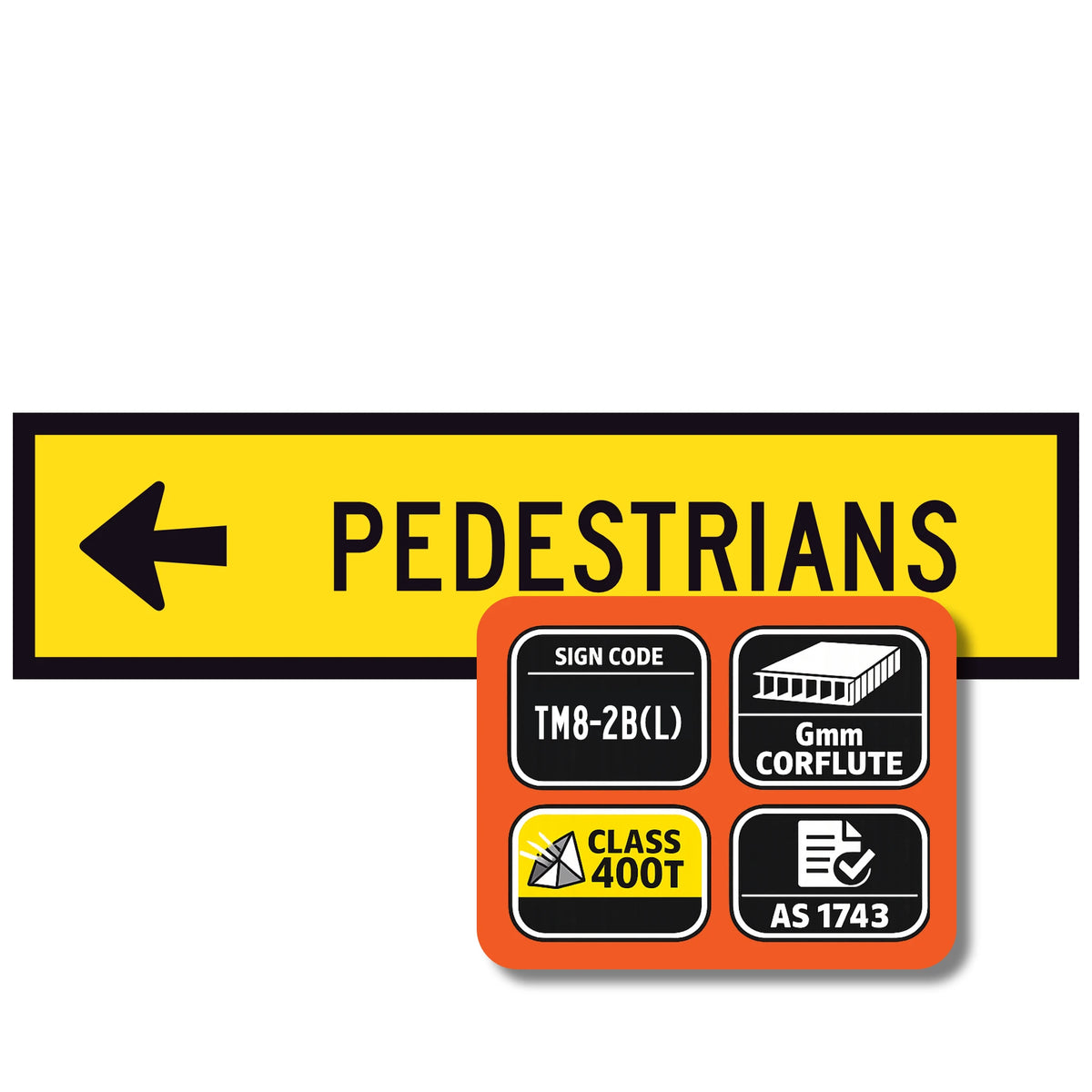 "PEDESTRIANS LEFT" TM8-2B(L) black text on retroreflective yellow - 1200x300mm corflute sign panel