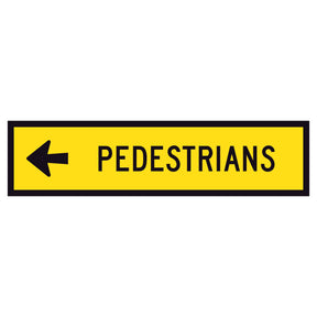 "PEDESTRIANS LEFT" TM8-2B(L) black text on retroreflective yellow - 1200x300mm corflute sign panel