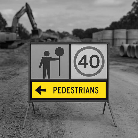 Temporary traffic control construction site with a pedestrian and speed limit sign.
