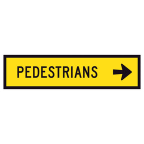 "PEDESTRIANS RIGHT" TM8-2B(R) black text on retroreflective yellow - 1200x300mm corflute sign panel