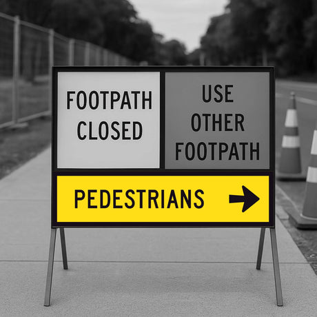 Temporary traffic control sign indicating a closed footpath with alternative directions for pedestrians.