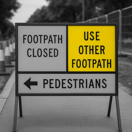 Warning sign indicating a closed footpath with alternative directions for pedestrians.