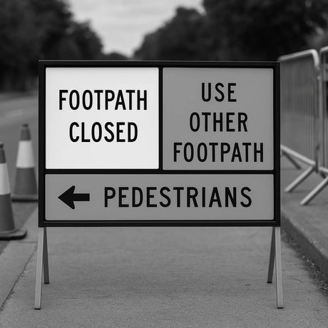Footpath closed sign with pedestrian direction on a street.