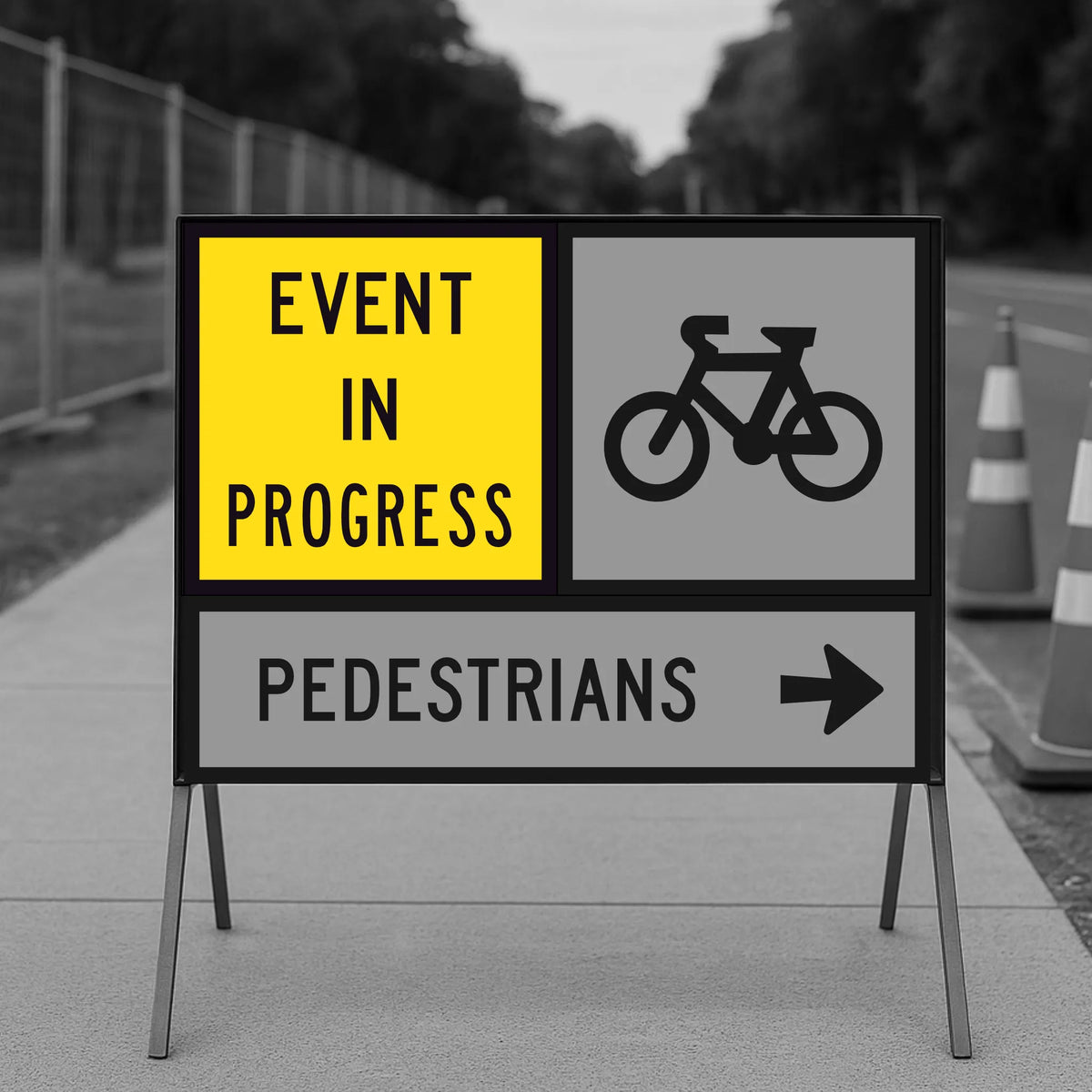 Sign indicating an event in progress with directions for pedestrians and cyclists.