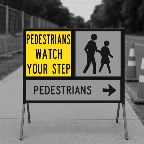 Pedestrian safety sign with text 'PEDESTRIANS WATCH YOUR STEP' and an icon of two people walking on a sidewalk.