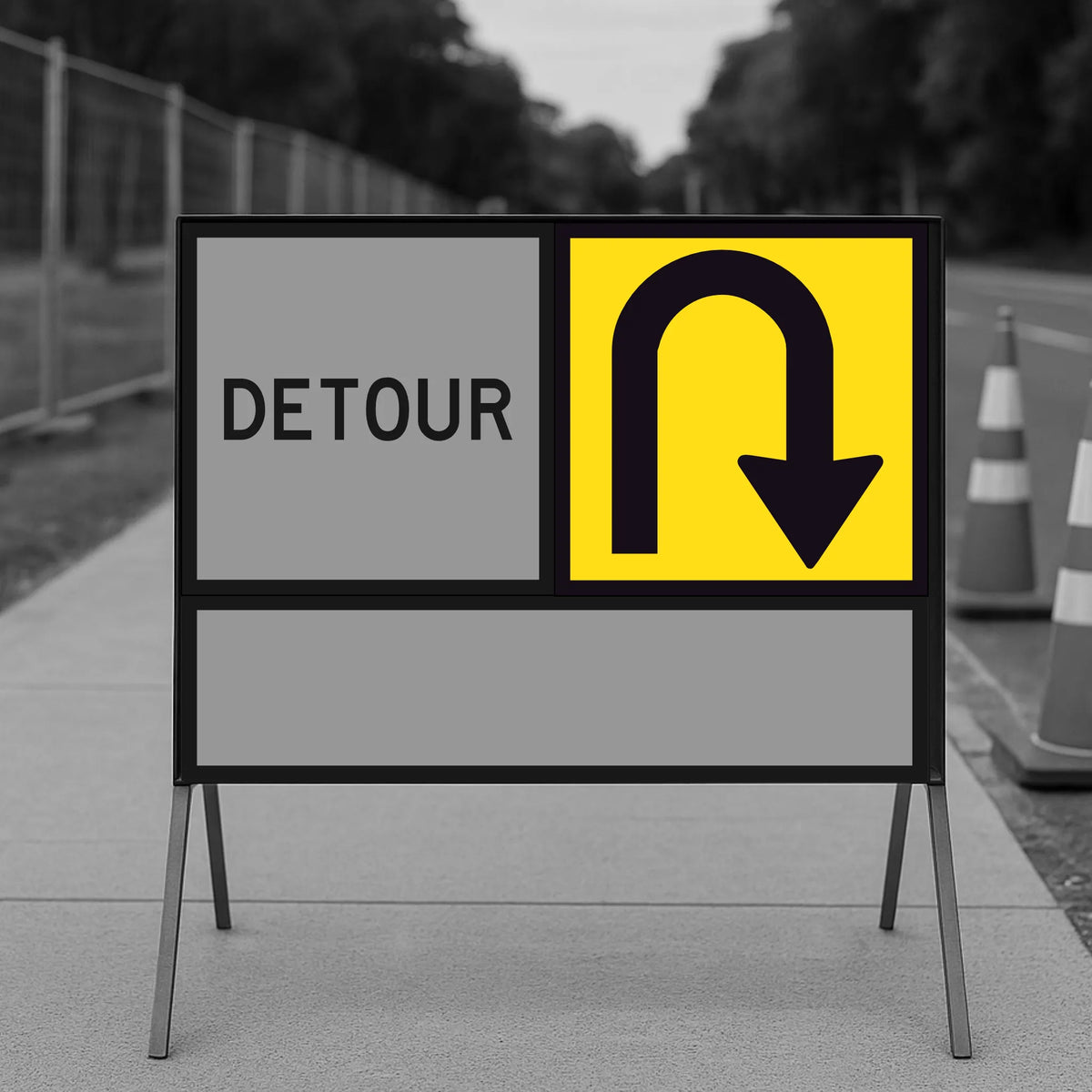 Traffic control Detour sign with U-turn symbol on a road construction site.