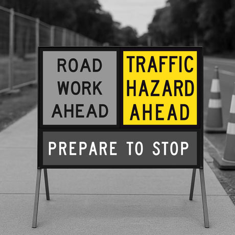 Three road work signs warning of traffic hazards on a road.