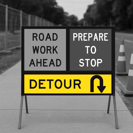 Temporary traffic control road work ahead sign with detour instructions on a stand.