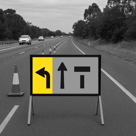 lane status signs Road sign with traffic directions on a highway with cars in the background