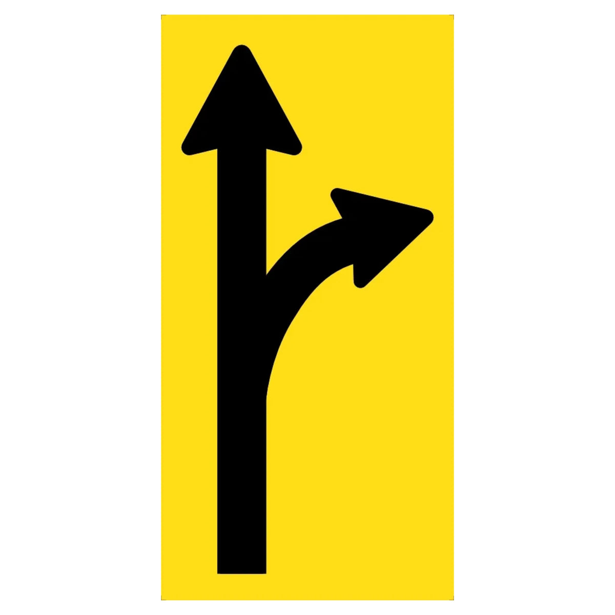 Black symbolic arrow showing lane ahead and right turn open on retroreflective yellow background – 300x600mm corflute sign
