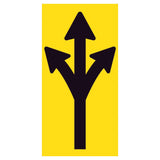 Three-way black arrow pointing left, straight, and right on a retroreflective yellow background – 300x600mm corflute traffic sign