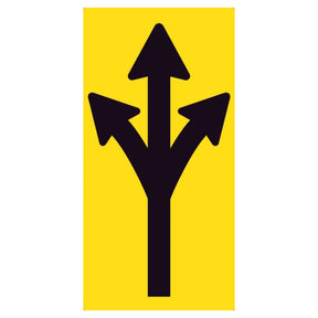 Three-way black arrow pointing left, straight, and right on a retroreflective yellow background – 300x600mm corflute traffic sign