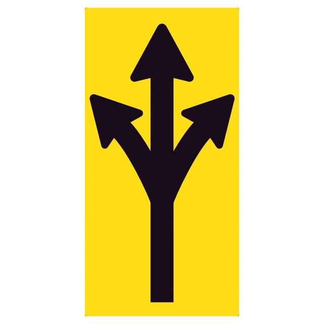 Three-way black arrow pointing left, straight, and right on a retroreflective yellow background – 300x600mm corflute traffic sign