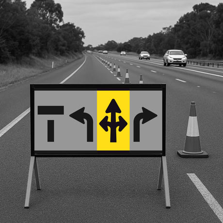 Roadwork signs with traffic arrows on a highway with cars and cones.