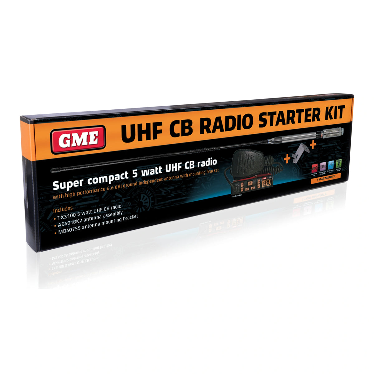 GME UHF CB Radio Starter Kit retail box for the TX3100 5 watt radio, listing the included radio, AE4018K2 antenna assembly and MB407SS mounting bracket
