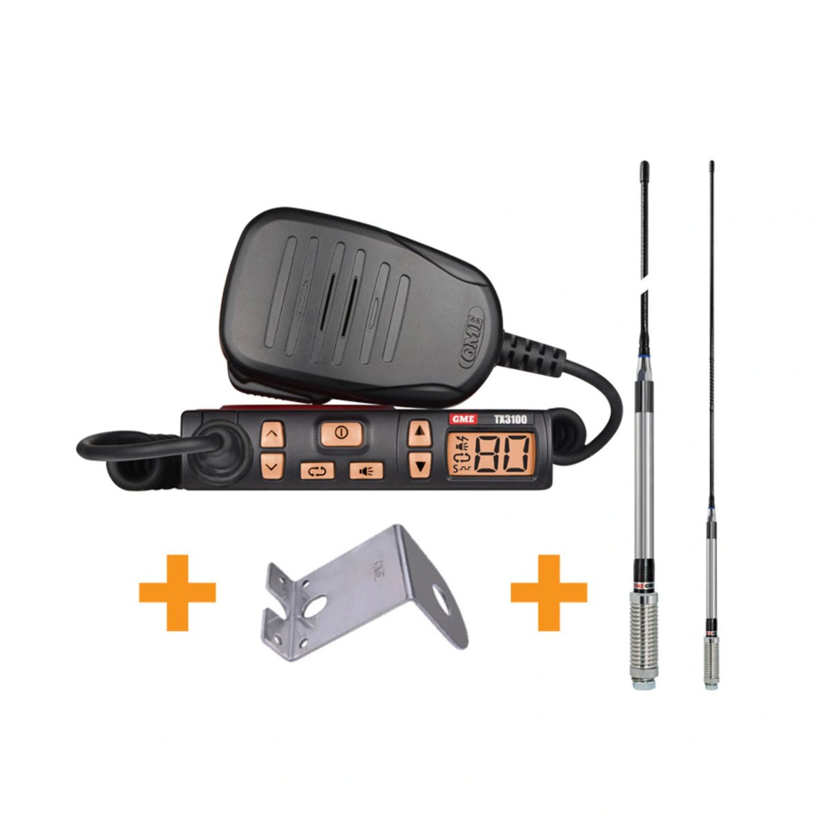 GME TX3100 UHF CB radio value pack laid out, showing the super compact radio with its hand microphone, a stainless steel mounting bracket and the antenna