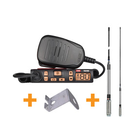 GME TX3100 UHF CB radio value pack laid out, showing the super compact radio with its hand microphone, a stainless steel mounting bracket and the antenna