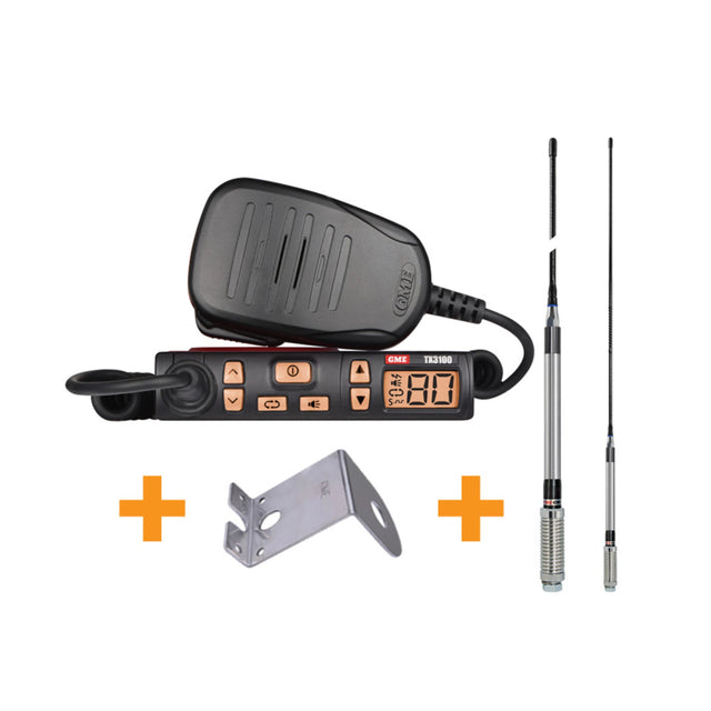 GME TX3100 UHF CB radio value pack laid out, showing the super compact radio with its hand microphone, a stainless steel mounting bracket and the antenna