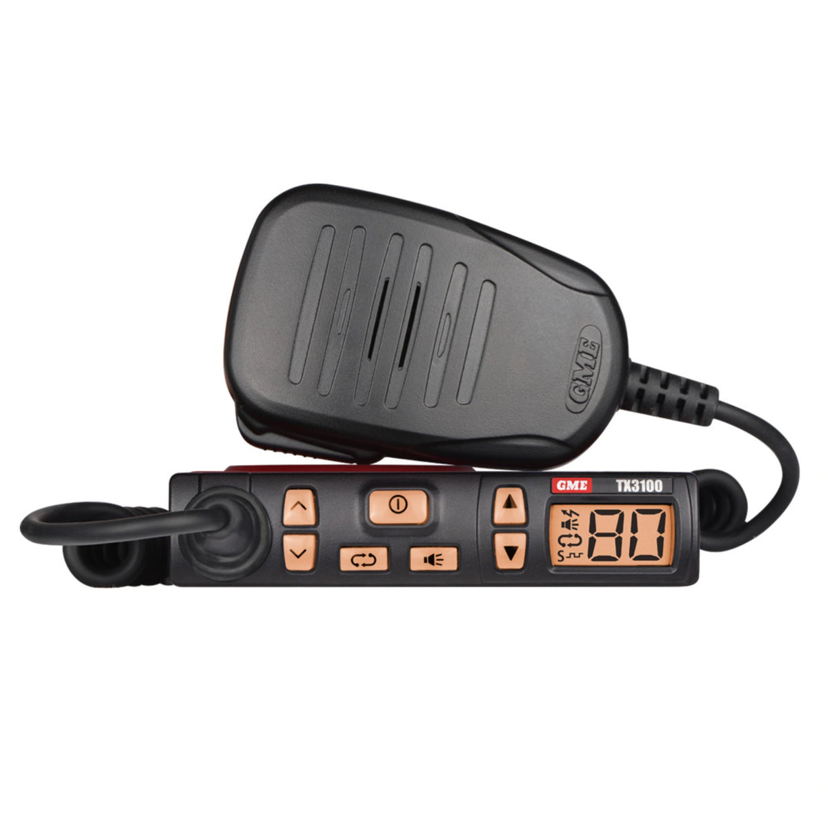 GME TX3100 super compact UHF CB radio with its black hand microphone resting on top, front three-quarter view