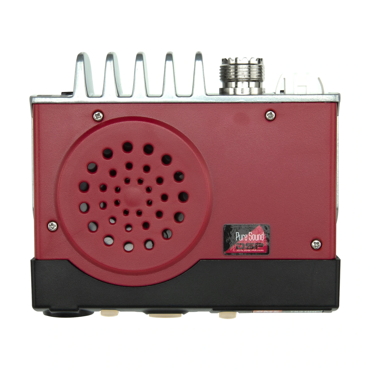 Rear of the GME TX3100 radio showing the heatsink fins, SO239 antenna socket and red DSP speaker panel