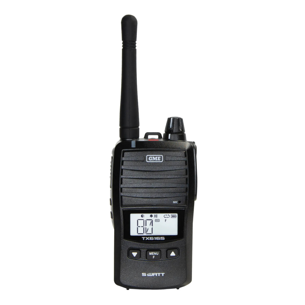 Black gme walkie talkie with digital display on a white background