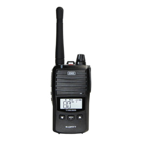 Black gme walkie talkie with digital display on a white background