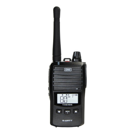Black gme walkie talkie with digital display on a white background