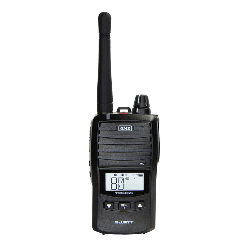 Black gme walkie talkie with digital display on a white background