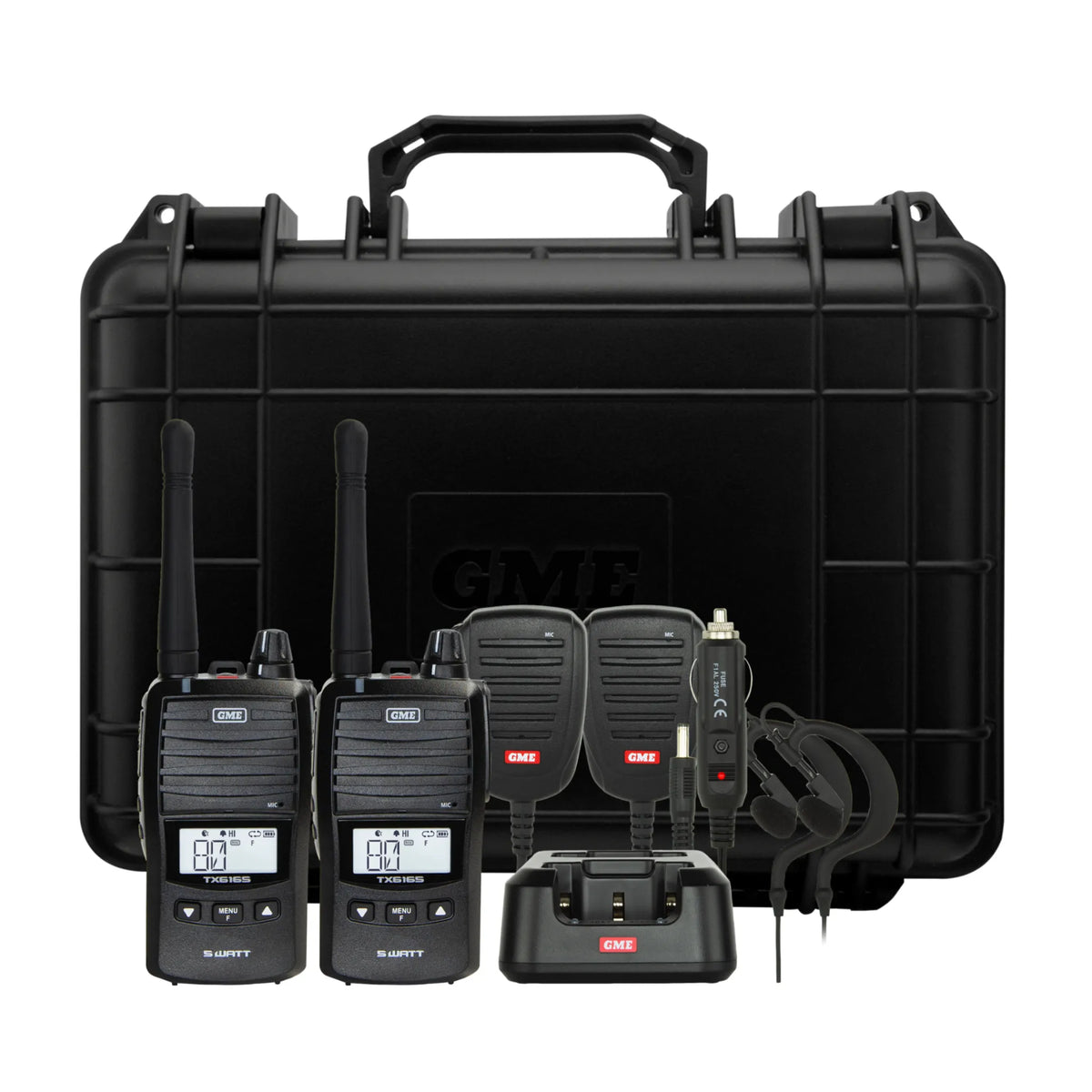 Set of walkie-talkies with a carrying case on a white background