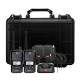 Set of walkie-talkies with a carrying case on a white background