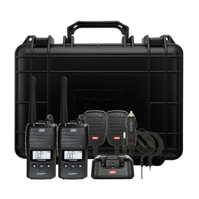 Set of walkie-talkies with a carrying case on a white background