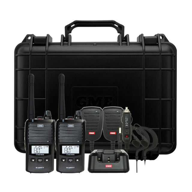 Set of walkie-talkies with a carrying case on a white background