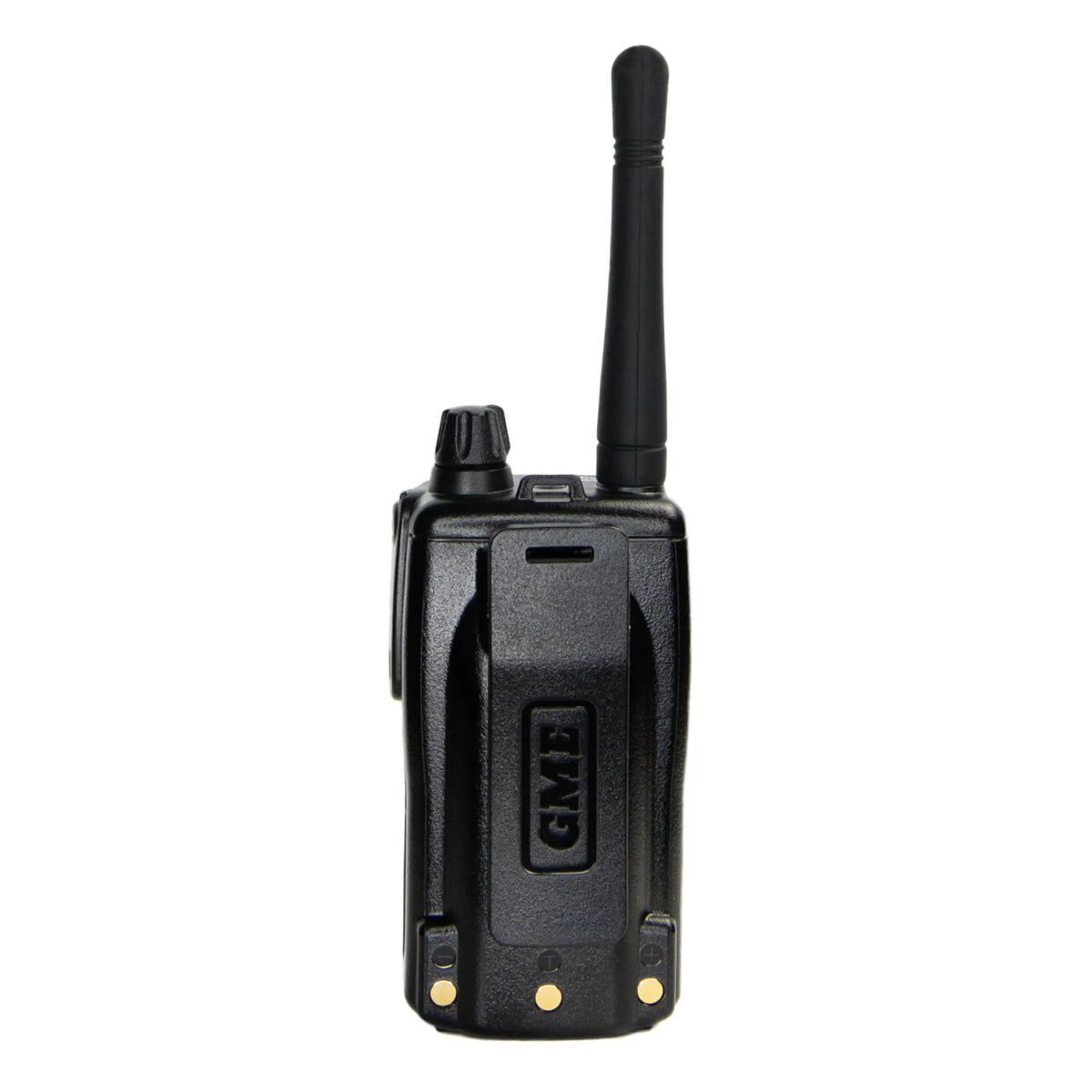 Black walkie talkie with GME branding on a white background