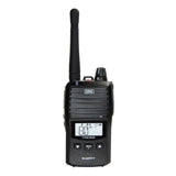 Black walkie-talkie with digital display on a white background