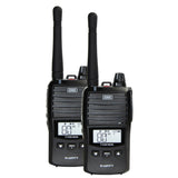 Two black walkie-talkies with digital displays on a white background