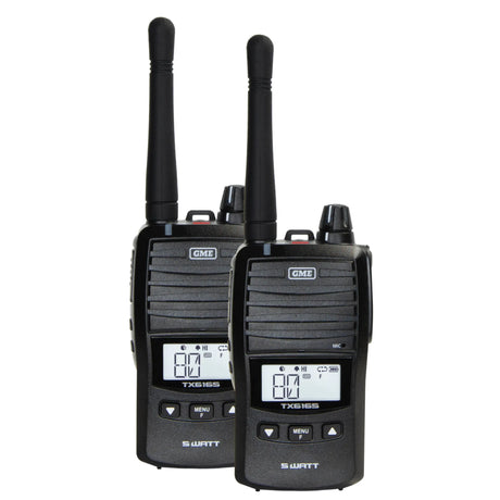 Two black walkie-talkies with digital displays on a white background