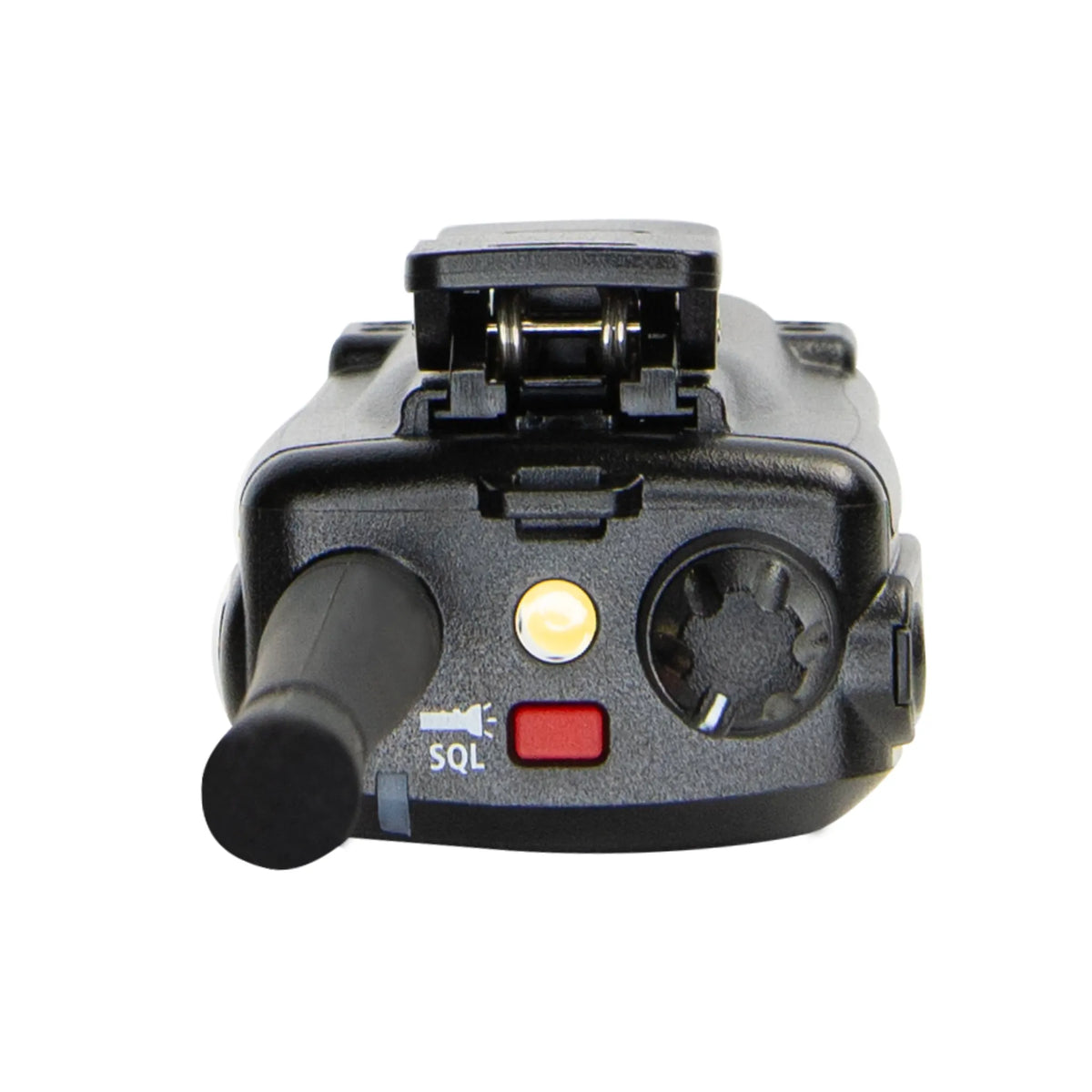 Black uhf radio with buttons and connectors on a white background