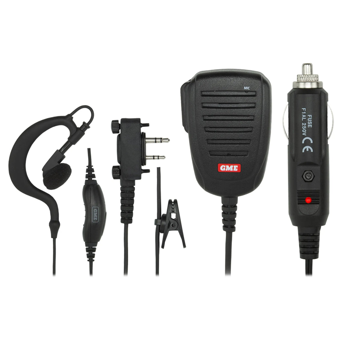 Set of communication accessories including a microphone, earpiece, and charger on a white background