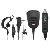 Set of communication accessories including a microphone, earpiece, and charger on a white background